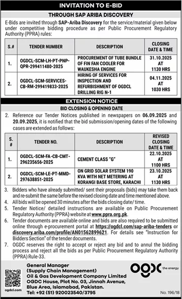 Oil & Gas Development Company Limited Islamabad Tender Notice